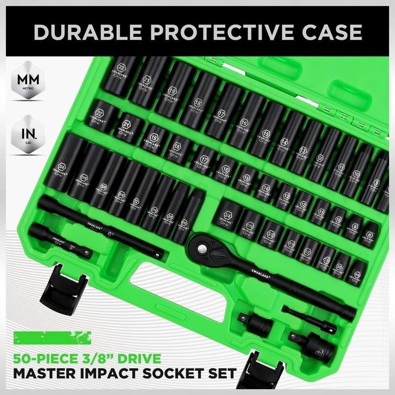 3/8'' Drive Impact Socket Set, 50-Piece Standard SAE (5/16 to 3/4 inch) and Metr gallery