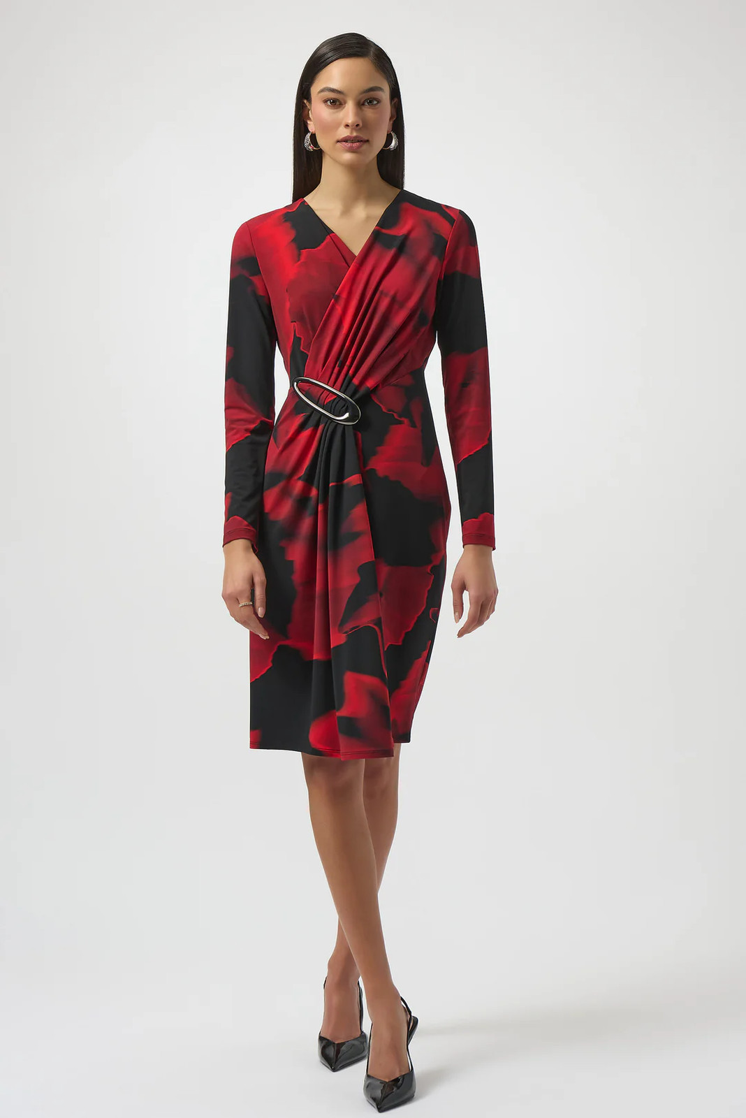 Joseph Ribkoff Black/Red Abstract Print Faux Wrap Long Sleeves Dress 254088 gallery
