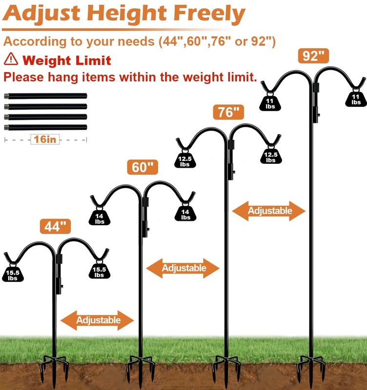92 Inch Double Shepherds Hook for Outdoor with 5 Prong Base, Adjustable Heavy... gallery