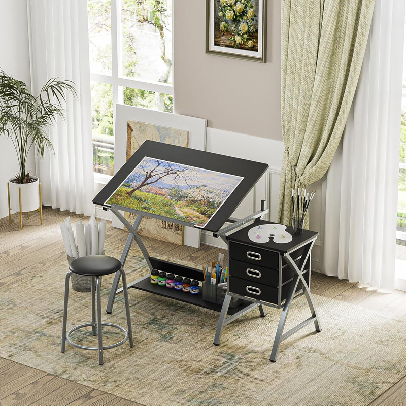 ZENY Drafting Table and Stool, Tilted Draft Table Desk W/Drawers, Artist Drawing gallery