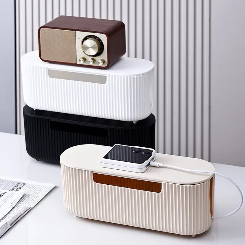 Fluted Cable Management Bamboo Lid Box (11.8" / 30cm) gallery
