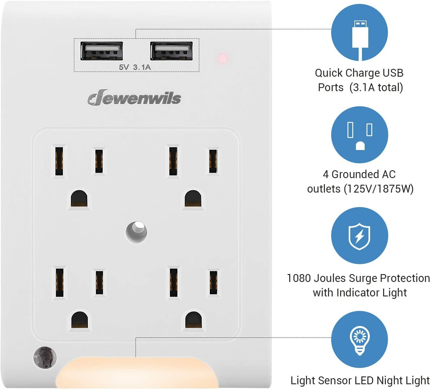 DEWENWILS Wall Plug Outlet Adapter with 2 USB Ports Light Sensor Night Light gallery