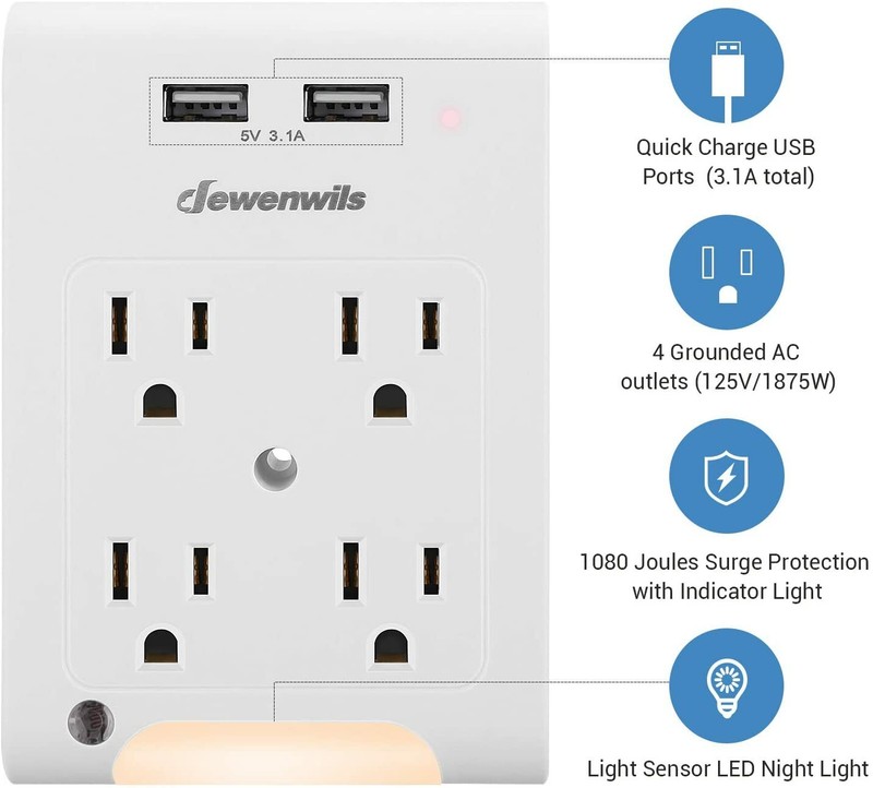 DEWENWILS Wall Plug Outlet Adapter with 2 USB Ports Light Sensor Night Light gallery