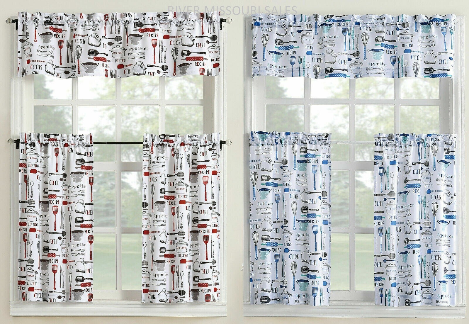 Bistro Valance & Tiers Kitchen Cafe Curtain Set Black White Gray Red Or Blue-NEW gallery