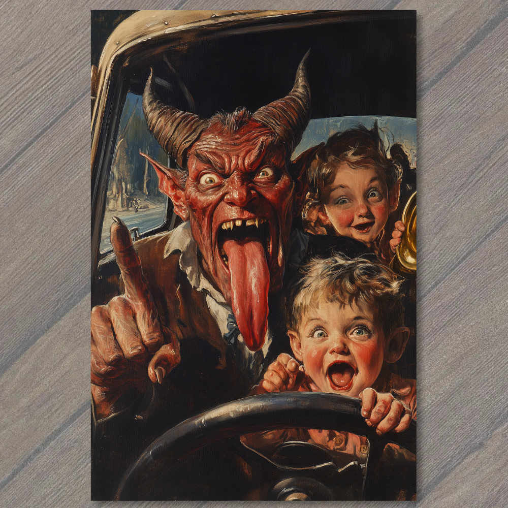 Art Print Devil Driving Family Fun Chaos Humor Children Artwork Retro Scene gallery
