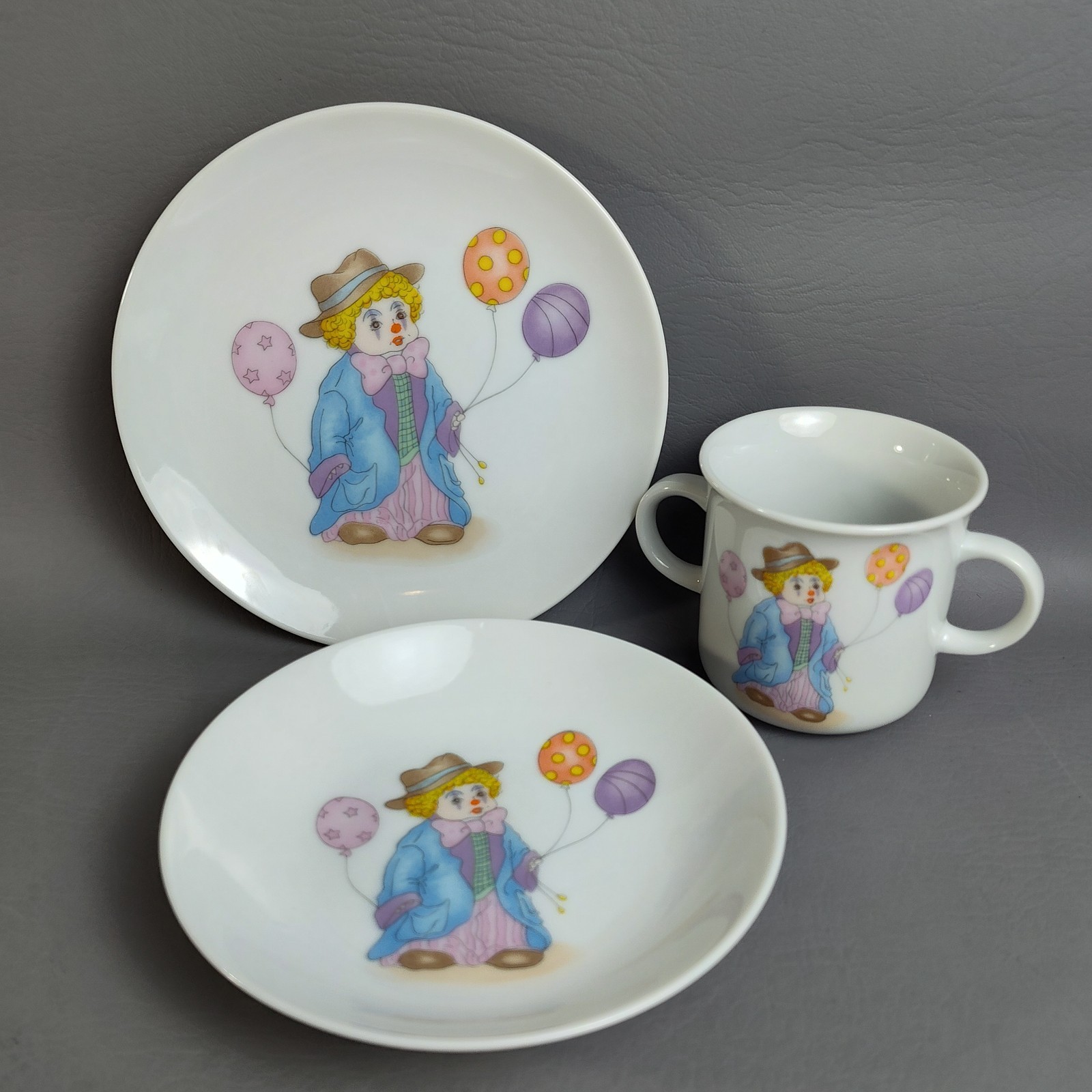 Vintage Clown Children's Dinner Set Plate Bowl & Cup Balloons Porcelain Japan gallery