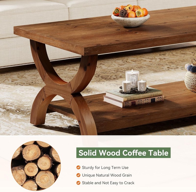 47.2-Inch Rectangle Solid Wood Coffee Table with Storage Shelf for Living Room gallery