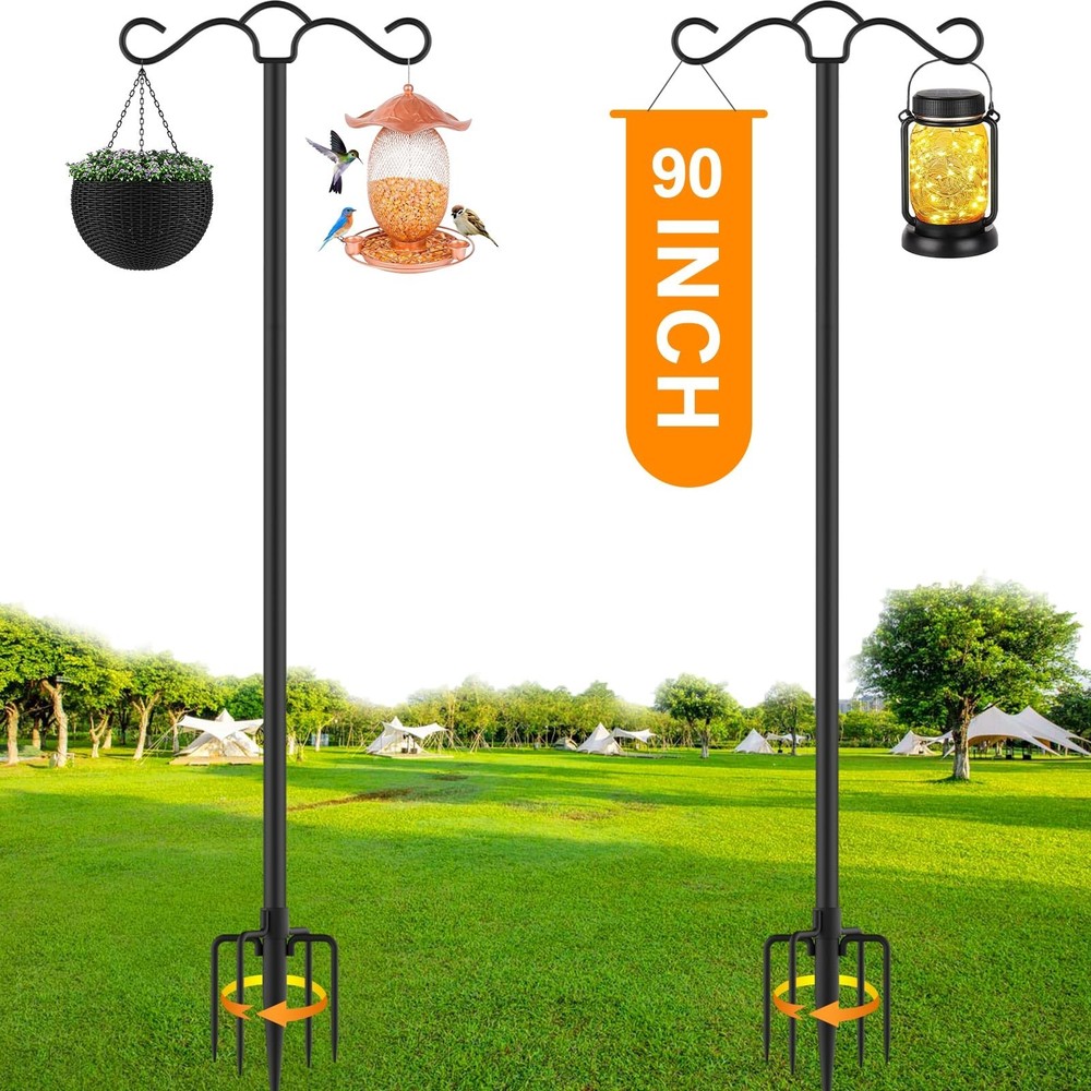 2 Pack 90 Inch Double Shepherds Hook for Outdoor with 5 Prong Base Heavy Duty Tw