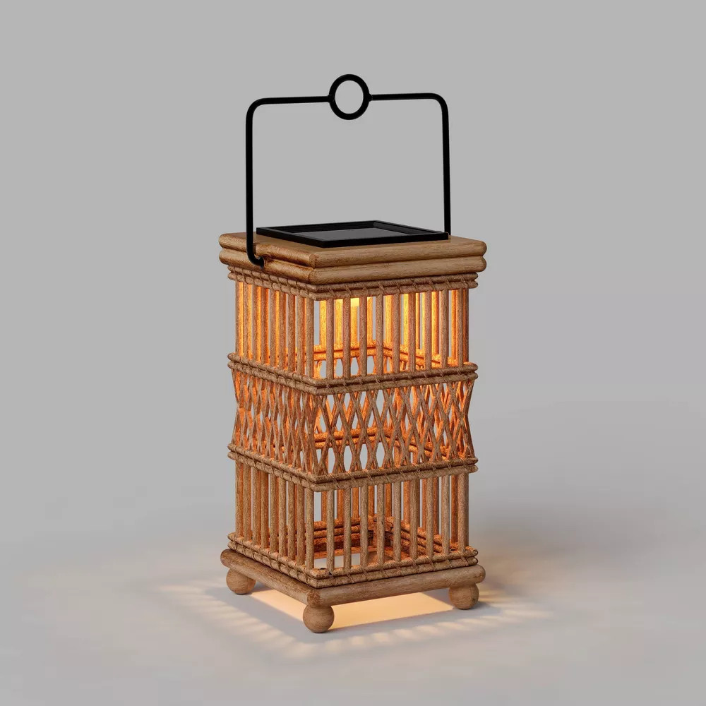 Open Weave Battery/Solar LED Outdoor Small Lantern Beige - Threshold gallery