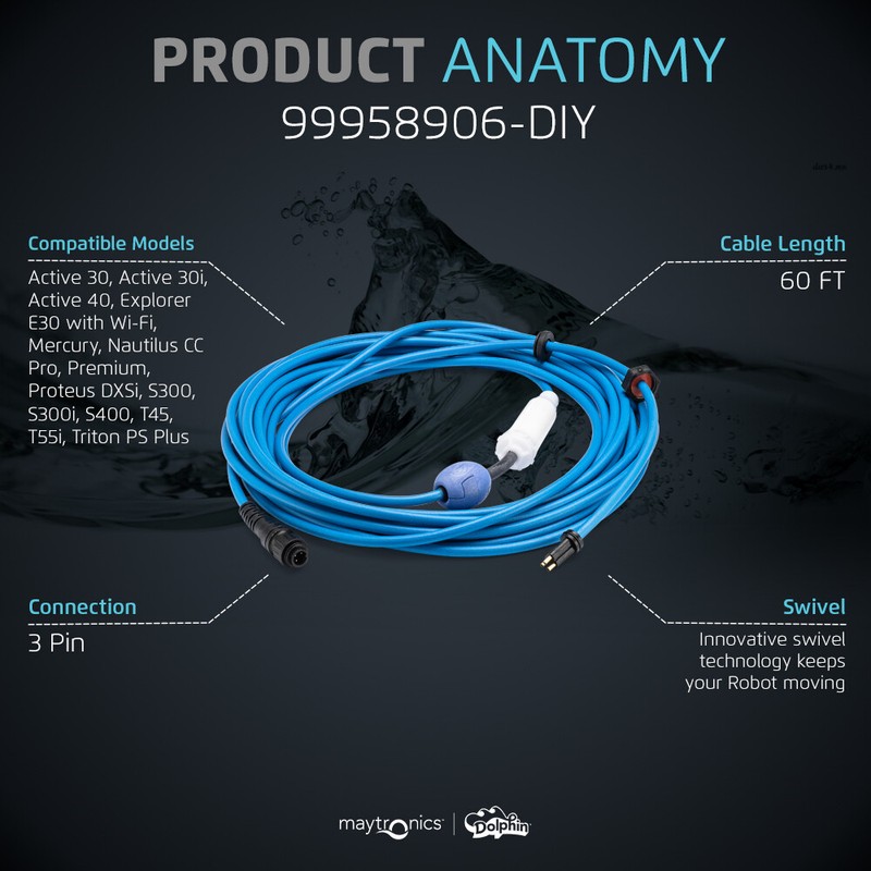 Authentic Dolphin Replacement Cable with Swivel (3 Wire) - 60ft, Maytronics gallery