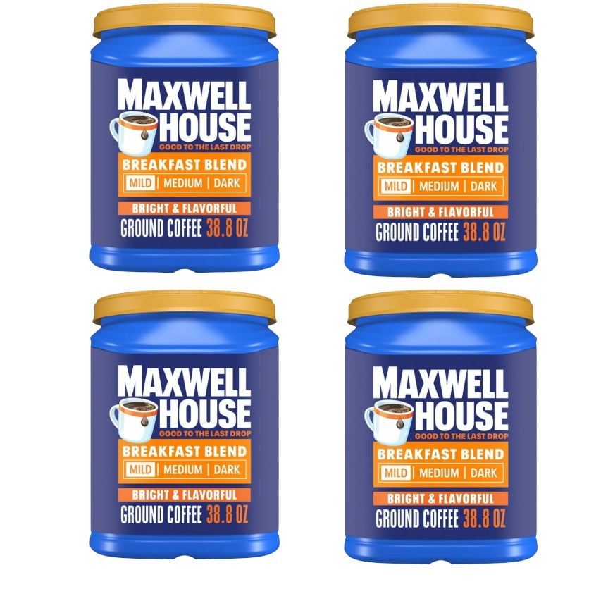 Maxwell House Breakfast Blend Ground Coffee, Mild Roast, 38.8 oz Canister –4Pack gallery