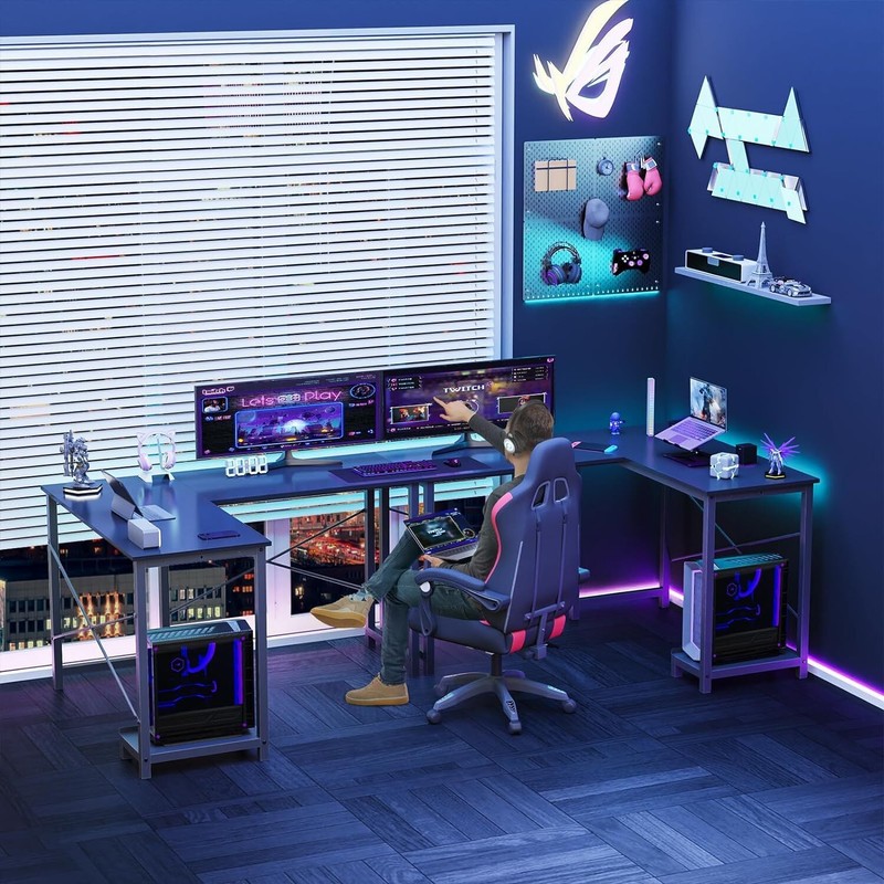 L Shape Home Office Corner Computer Desk Gaming PC Table with CPU Stand Side Bag gallery