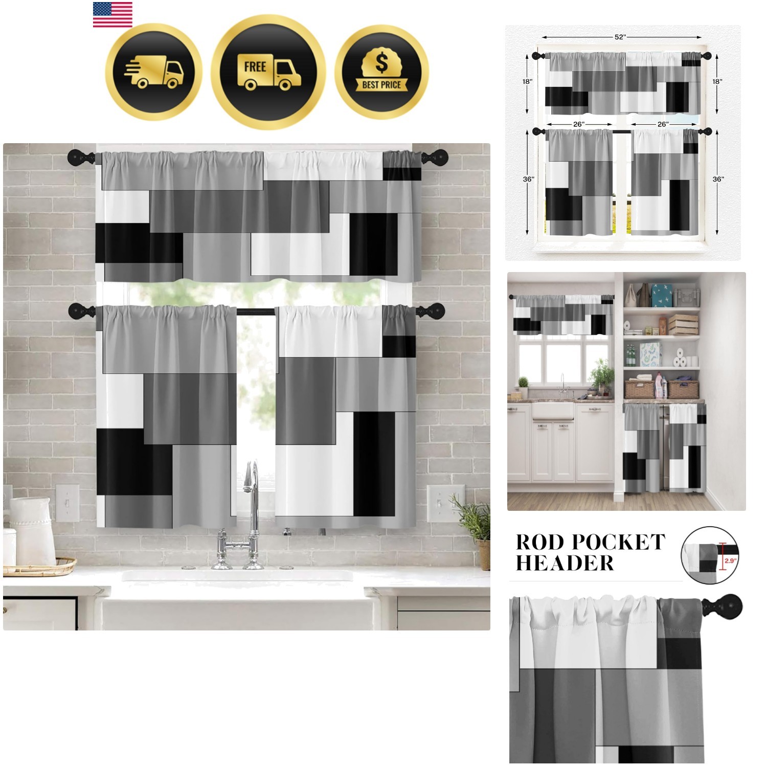 Black White Gray Kitchen Window Curtains Valance and Tier Set 36 Inch, Dark G... gallery