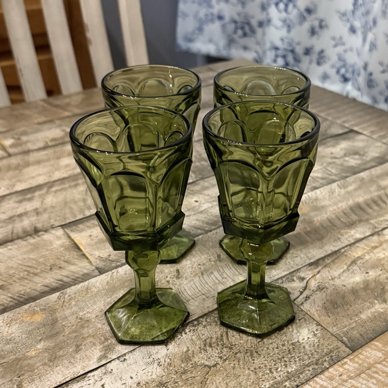 Fostoria Virginia Wine Goblets Light Green Set of 4 Heavy Glass Stemware 6" gallery