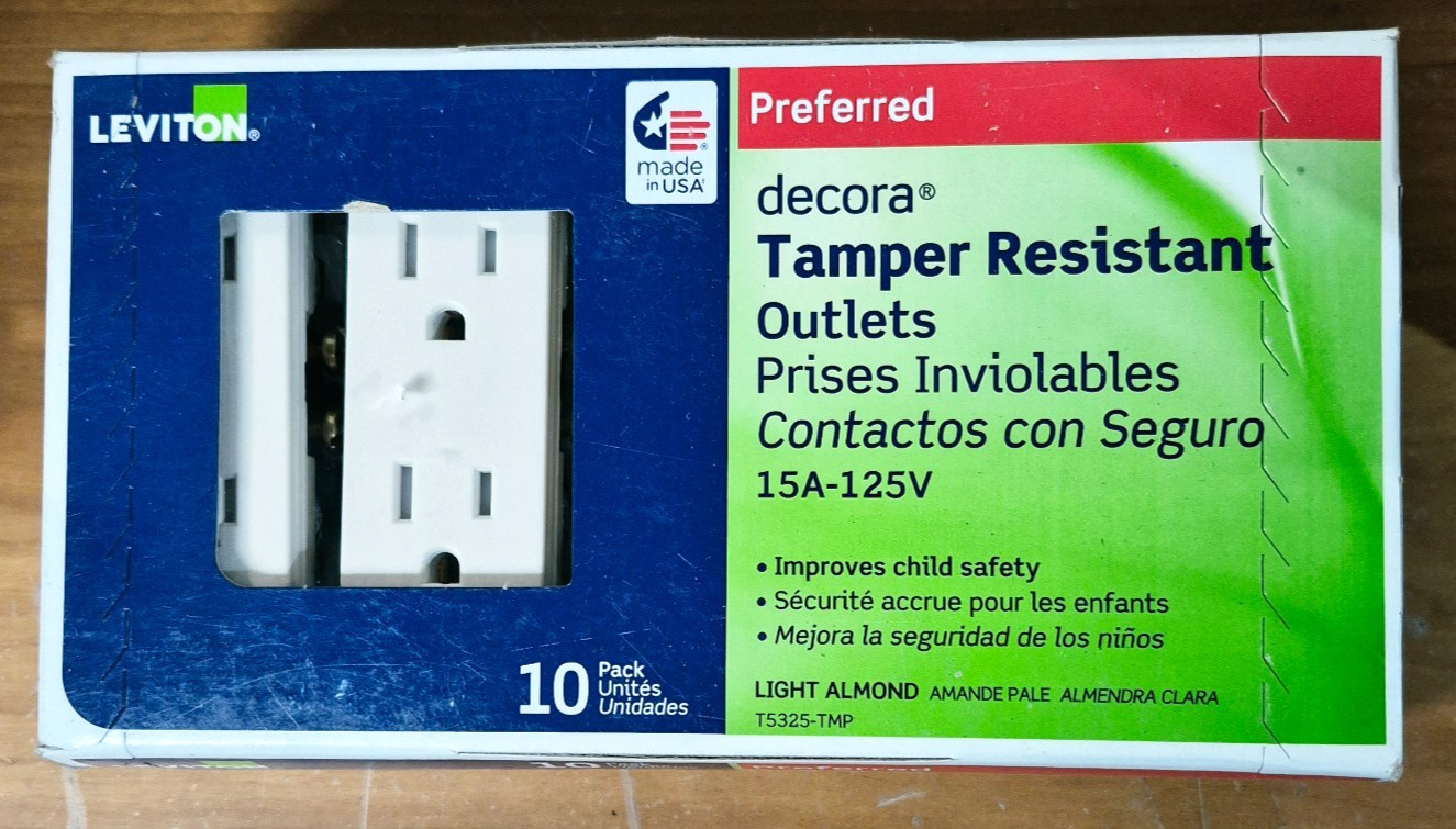 LEVITON Preferred Decora Tamper Resistant Outlets 15A-125V Light Almond 10 Pack gallery