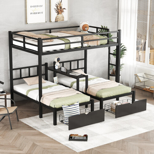 Metal Triple Bunk Beds Full XL Over Twin Over Twin Bunk Bed with Storage Drawers gallery
