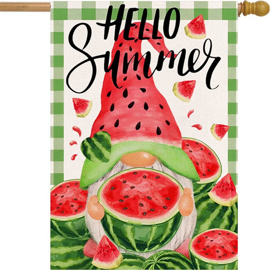 Hello Summer Watermelon House Flag 28 x 40 Inch Summer Gnome Decorative Doubl... gallery