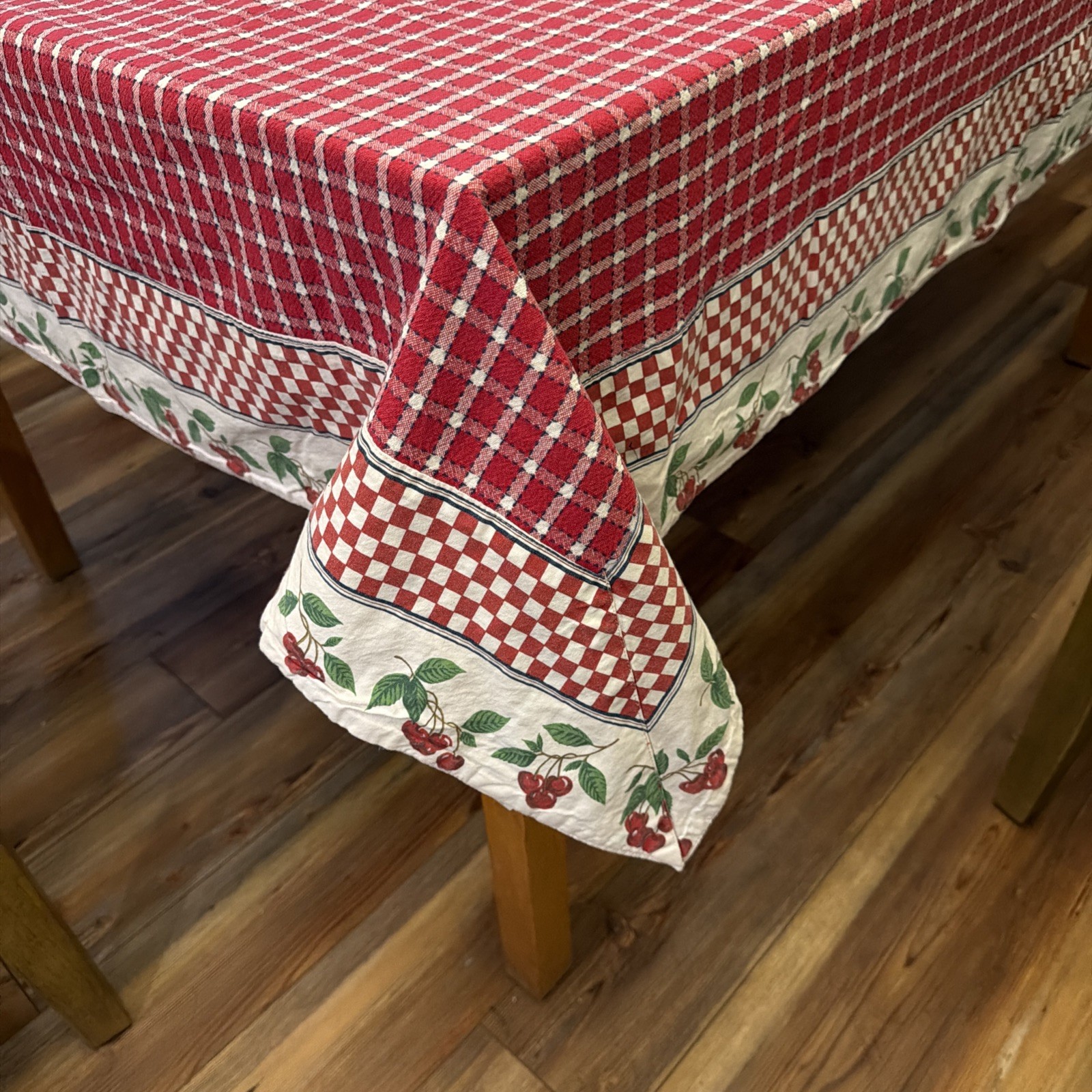 Red And White Check Cotton Tablecloth With Wide White & Cherry Border 52”x78” gallery