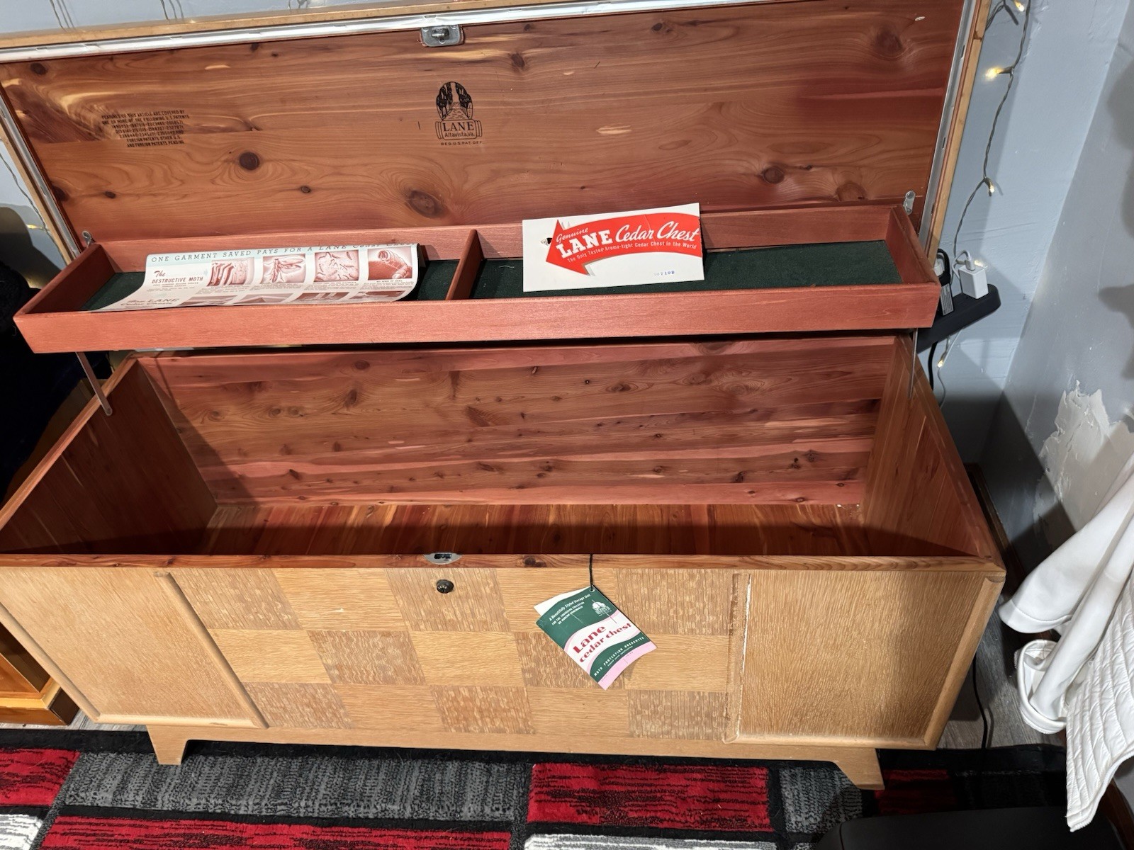 Lane Cedar Chest Checkerboard Pattern LOCK REMOVED, Tray Insert Mid Century Mode gallery