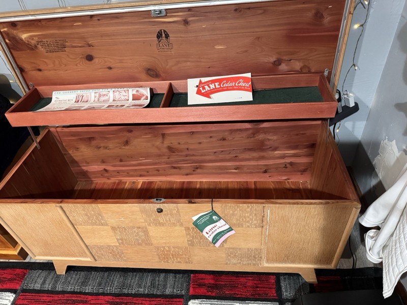 Lane Cedar Chest Checkerboard Pattern LOCK REMOVED, Tray Insert Mid Century Mode gallery
