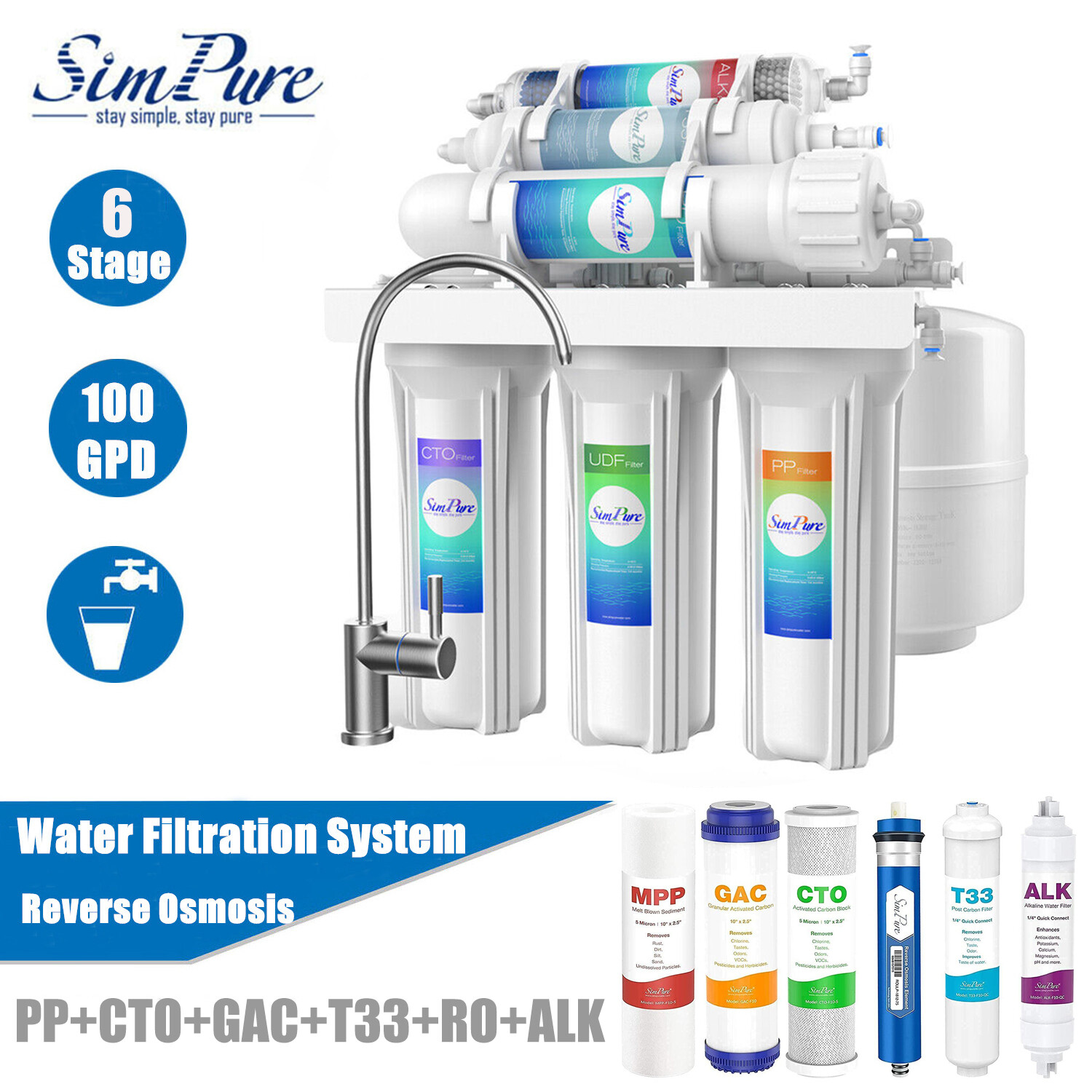 100GPD 6 Stage Alkaline RO Reverse Osmosis Drinking Water Filter System Purifier gallery