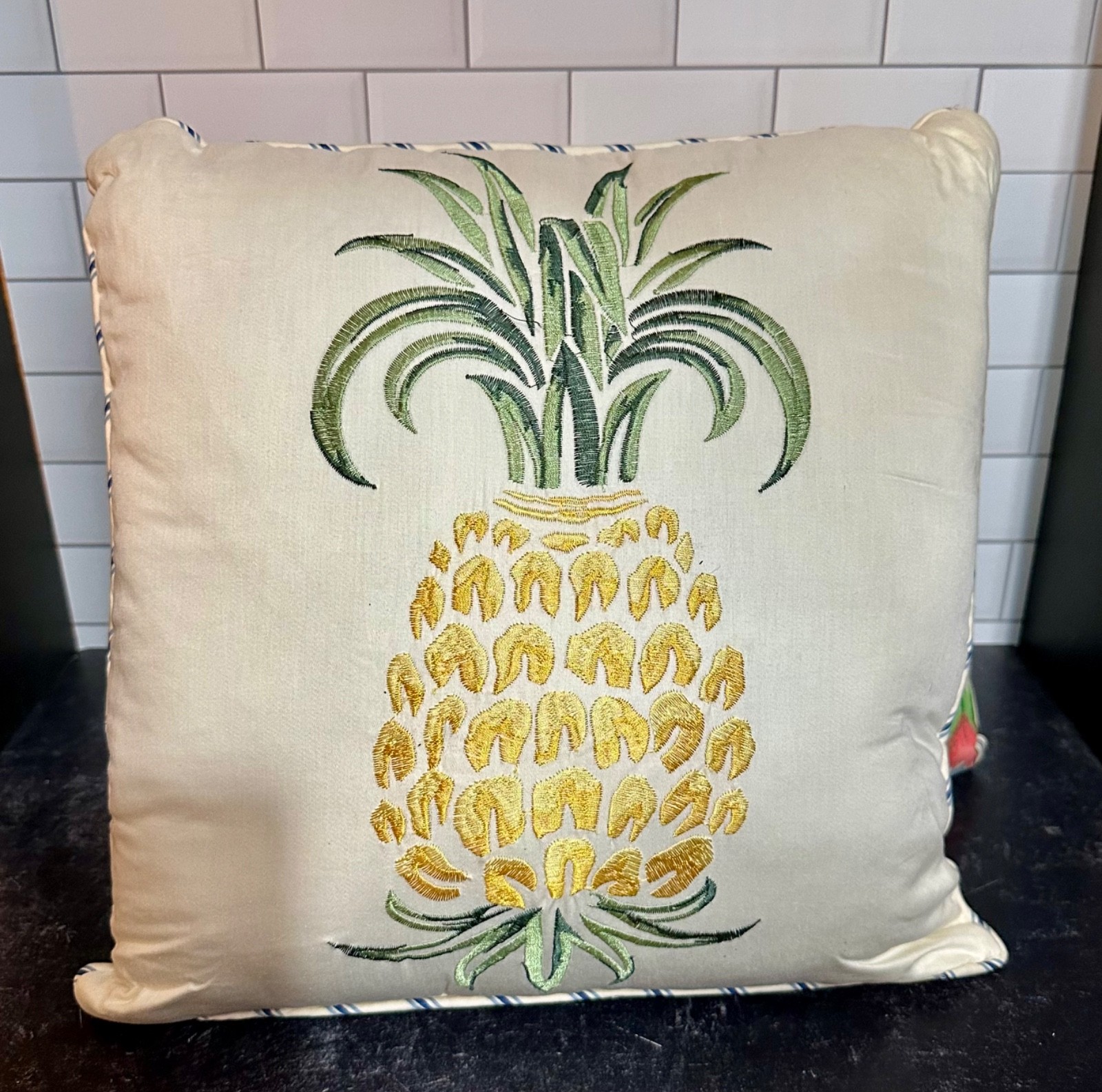 2 Accent Pillows 1 with Embroidered Pineapple 18” Sq/ 1 Oblong Striped 13”x18” gallery