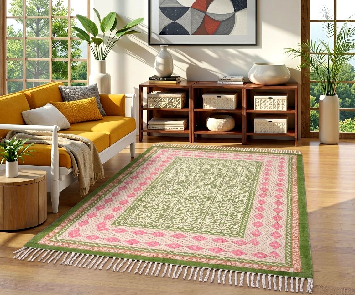 Hand Block Printed Cotton Rug, Washable Green Area Rug, Boho Indian Carpet gallery