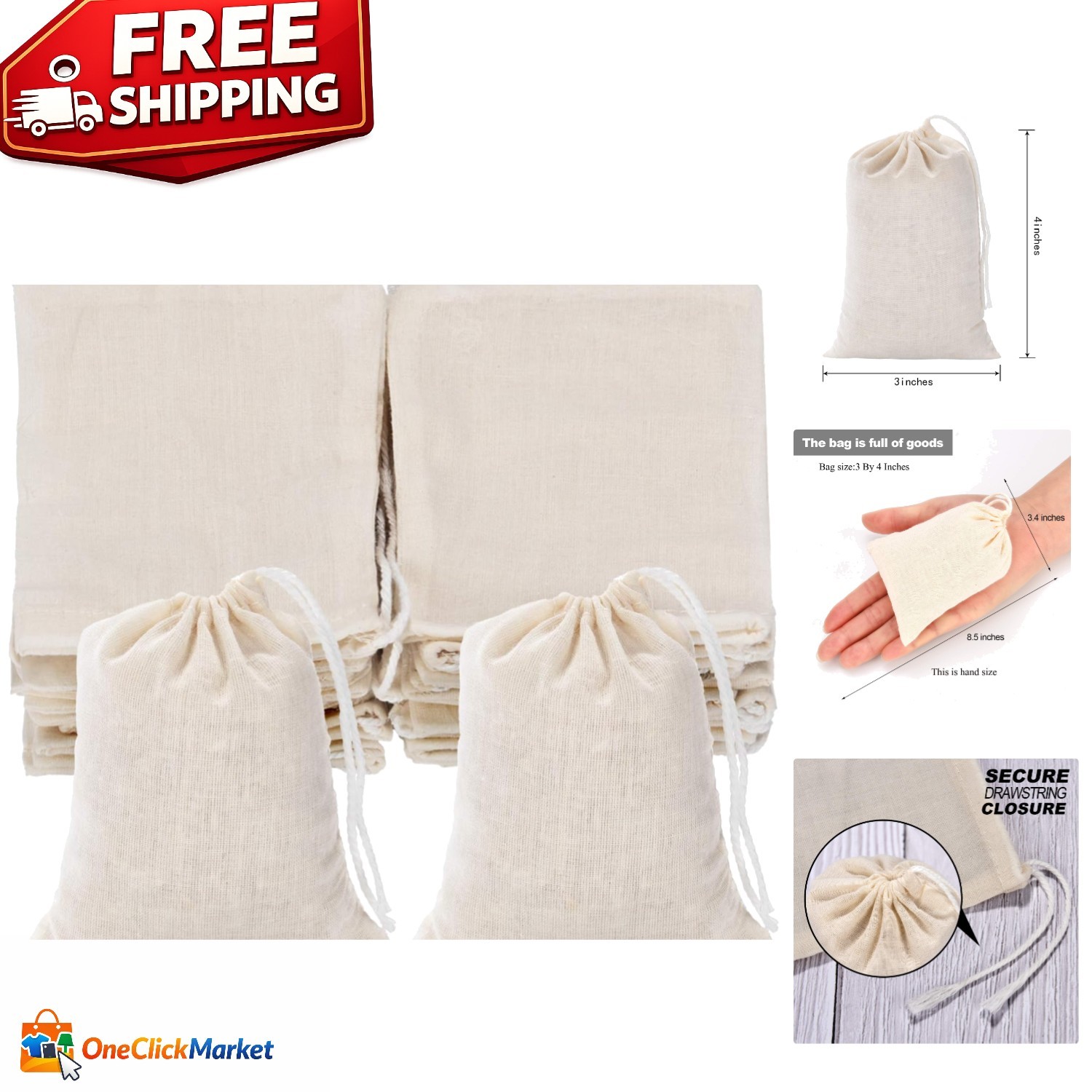 50-Pack 3x4 Inches Muslin Cotton Drawstring Bags - Eco-Friendly Gift Pouches gallery