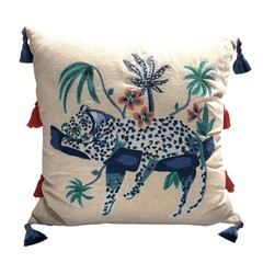 Opalhouse Embroidered Blue Leopard Throw Pillow Linen Tassels Palm Trees Jungle