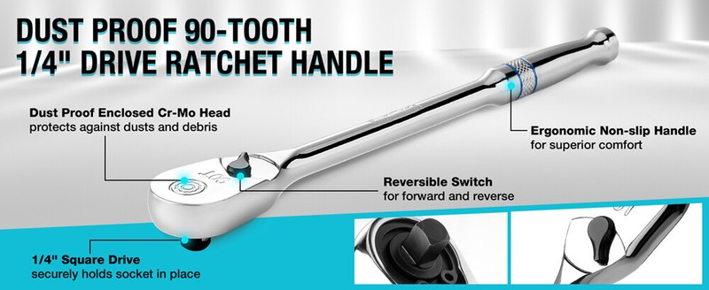 DURATECH Extra Long Handle 1/4-Inch Drive Ratchet, 90-Tooth with 8" Handle gallery