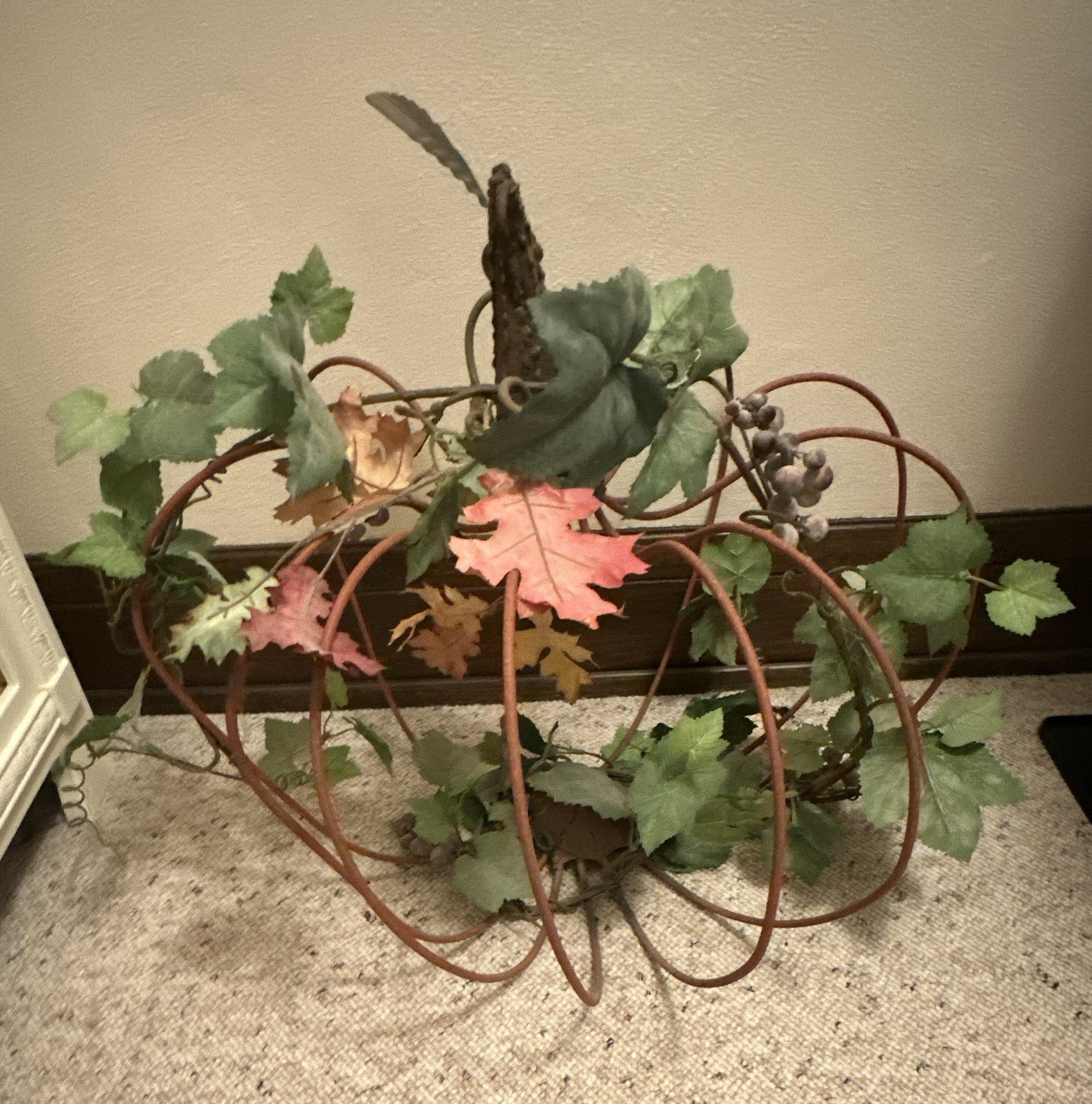 Artificial Autumn Table Centerpiece Metal Pumpkin Frame, Grape Leaves gallery