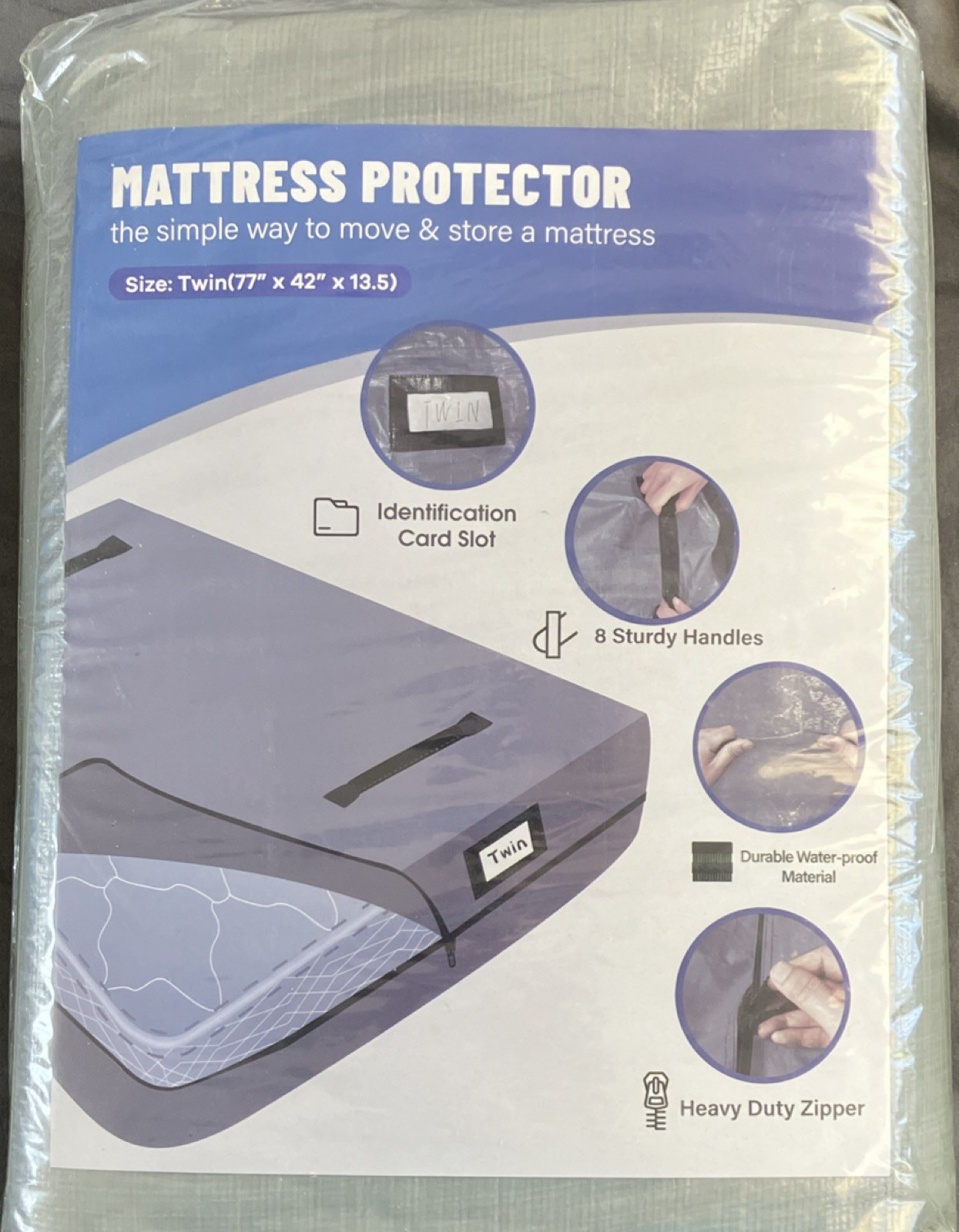 Twin Gray Waterproof Mattress Protector Bag, Zip Closure, Handles, 42x77 in gallery