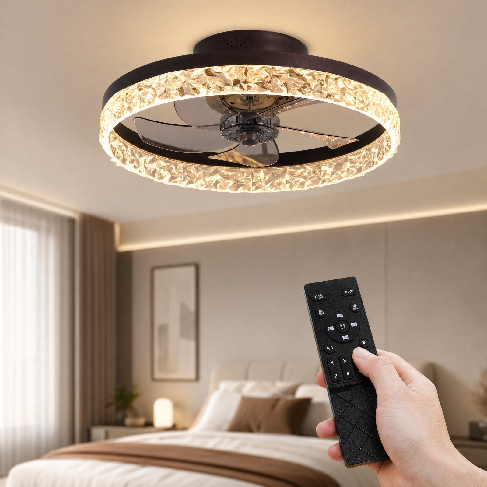 20'' Low Profile Brown Ceiling Fan with LED Light Flush Mount Remote APP Control gallery