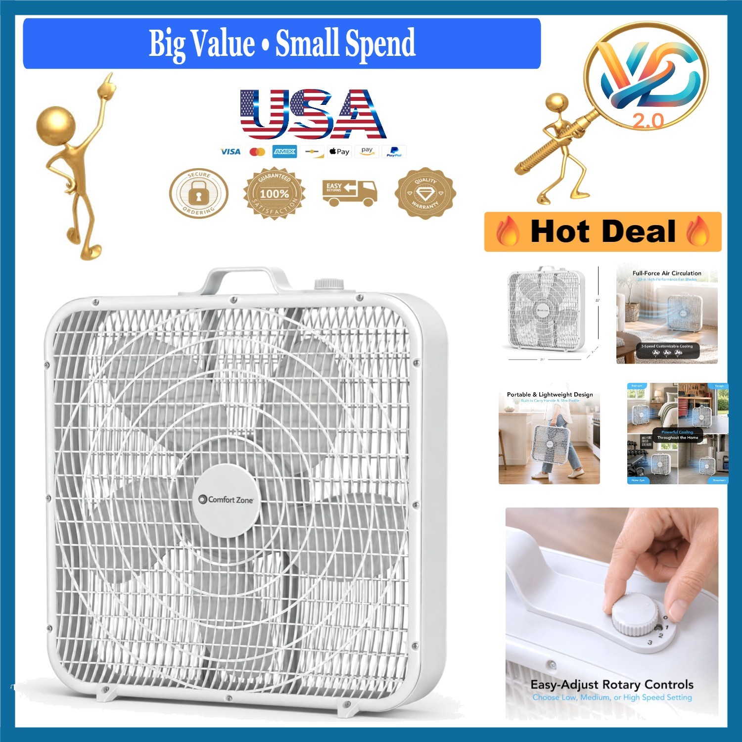 20 Inch Box Fan with Carry Handle 3-Speed White Noise Floor Fan Portable gallery
