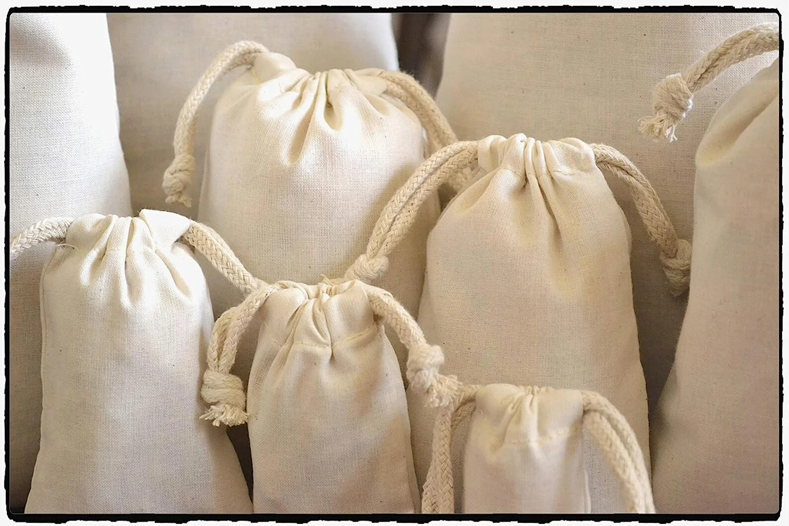Double Drawstring Organic Cotton Muslin Bags - Premium Quality - Natural Color gallery