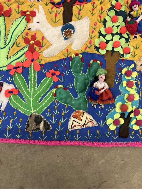 Handmade Peruvian Arpillera 3D Applique Wall Hanging 18x19 Andean Village Scene gallery