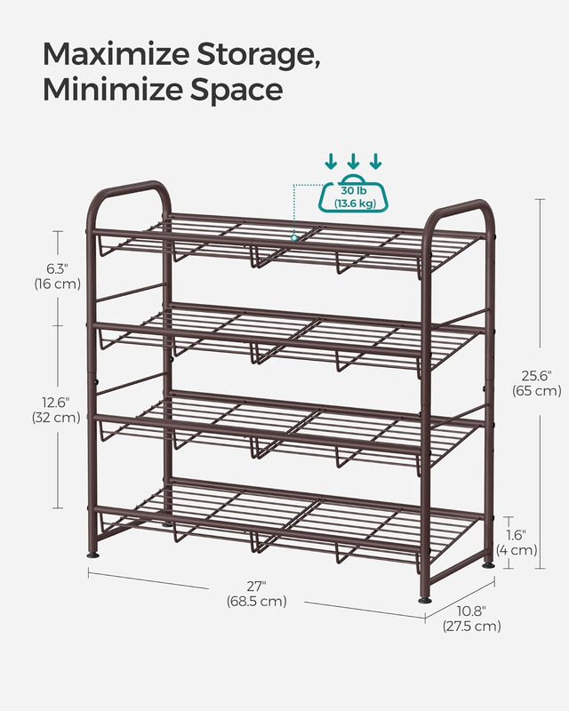 SONGMICS Stackable Shoe Rack, 4 Tier Metal Shoes Rack Storage Shelf, Holds up to gallery