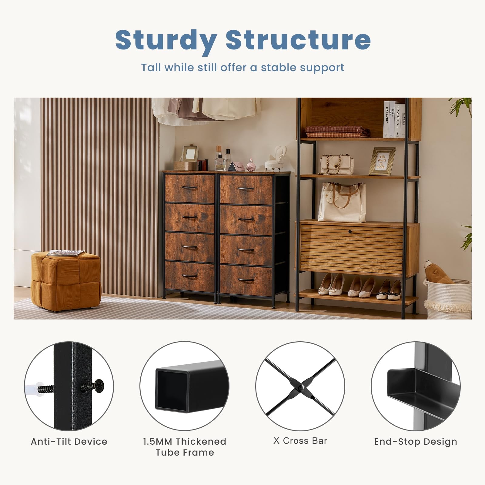 Nightstand with 4 Drawers Bedside Table with Removable Fabric Bins Sturdy Ste... gallery