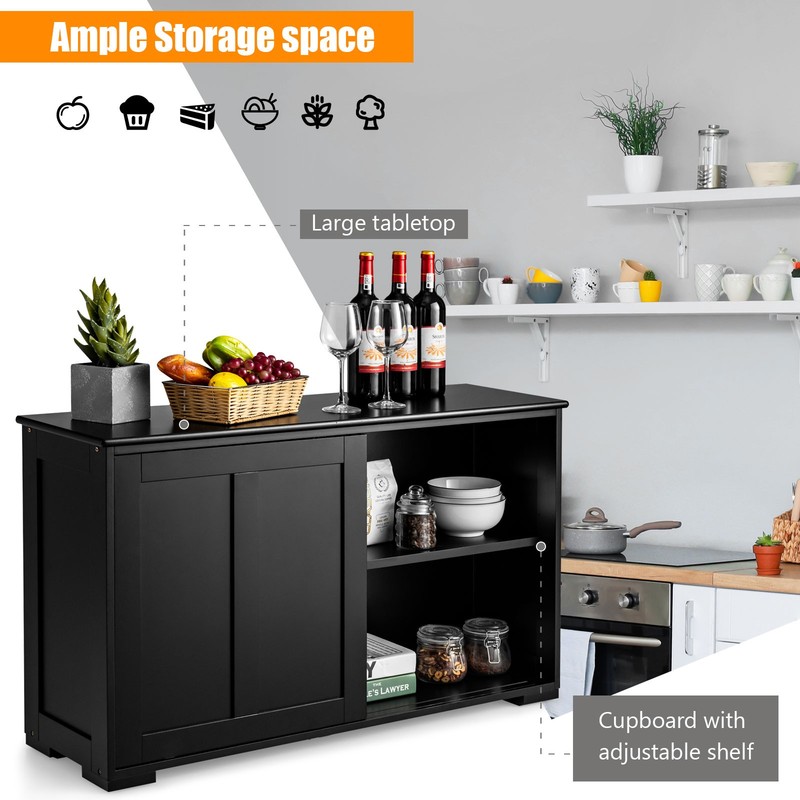 Kitchen Storage Cabinet Sideboard Buffet Cupboard Wood Sliding Door Pantry Black gallery
