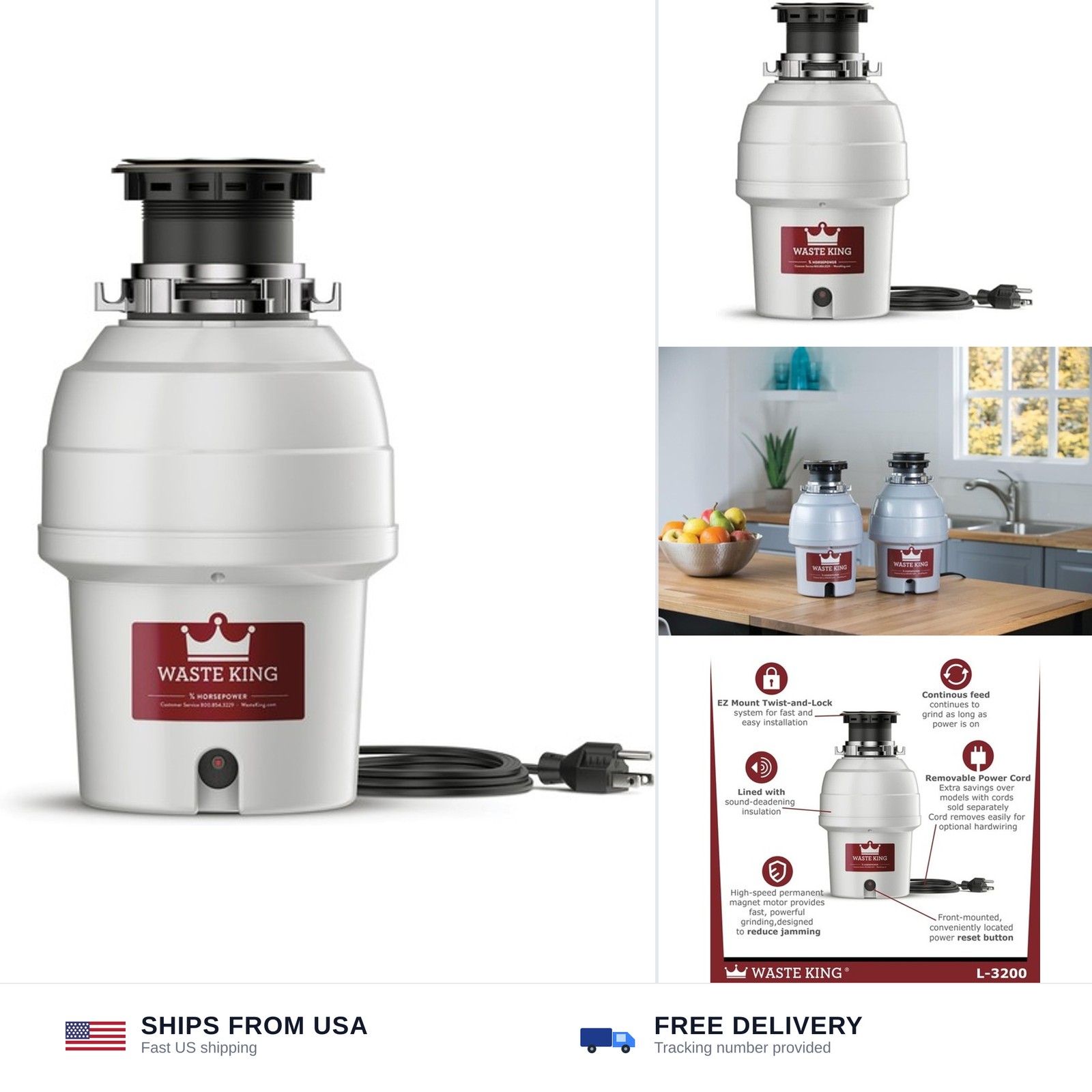 Waste King Garbage Disposal for Kitchen Sink with Power Cord, Food Waste Disp... gallery