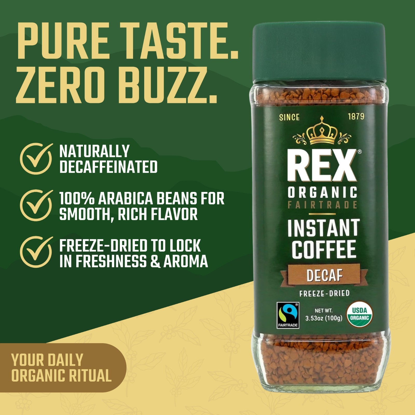 Rex Coffee Organic Fairtrade Natural Decaf Freeze-Dried Instant Arabica 3.53 oz gallery