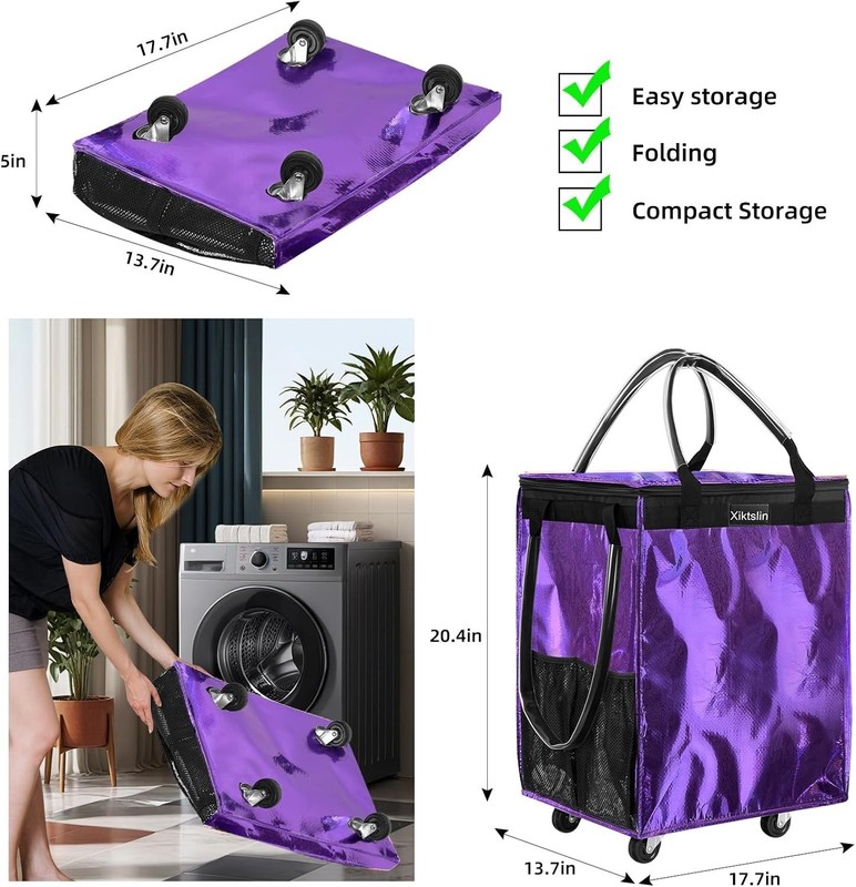 Durable 66lb Capacity Foldable Rolling Tote Bag in Purple - Perfect for Shopping gallery