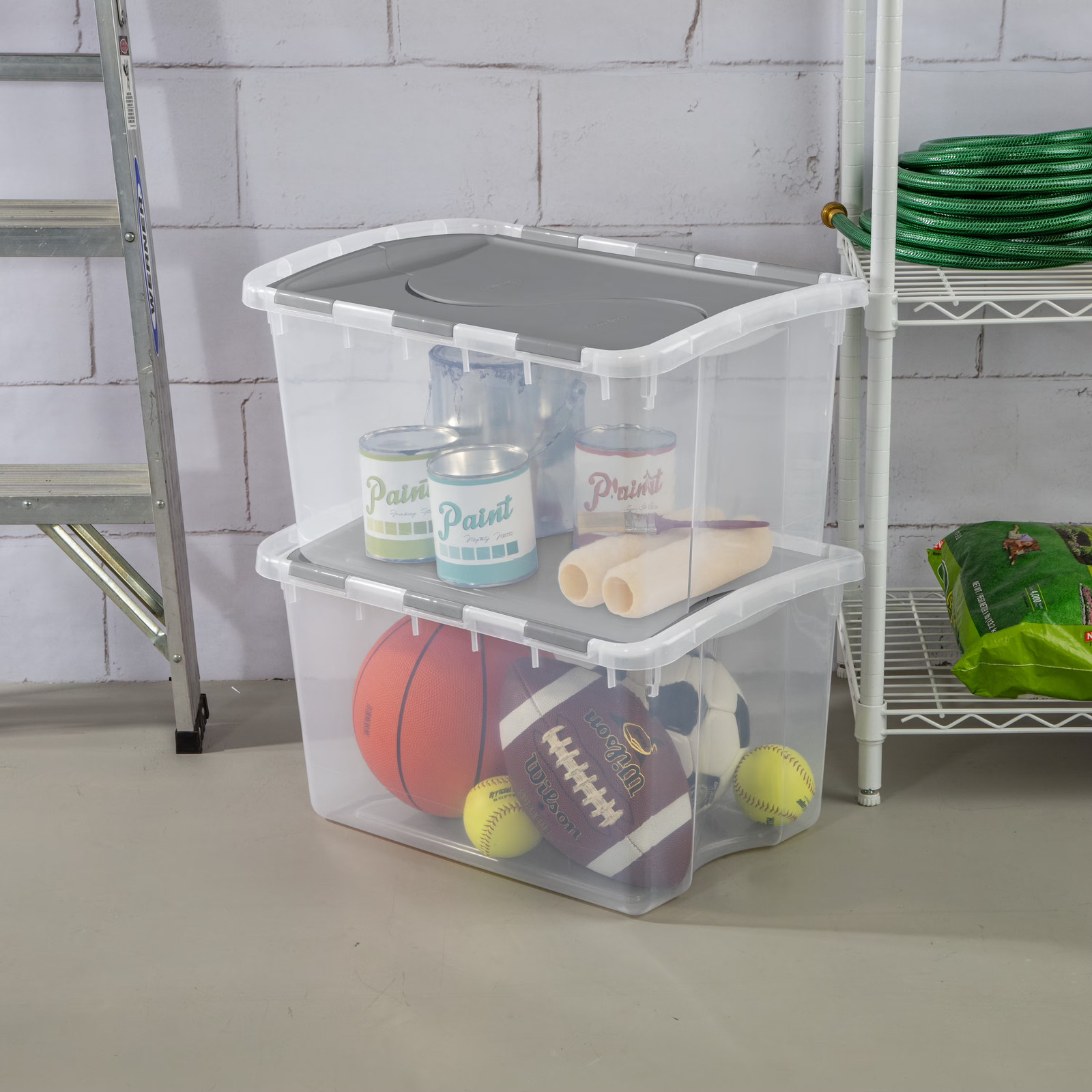 48Qt Medium Clear Plastic Storage Container, Sterilite Hinge Lid Gray Bin gallery