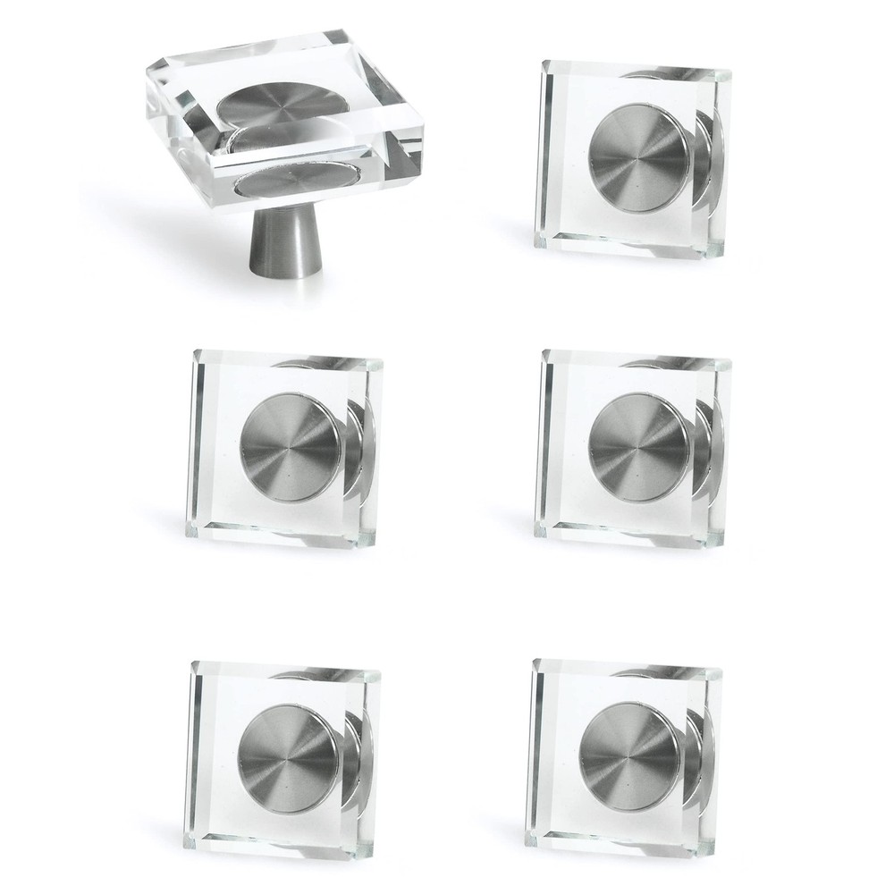6 Pack Glass Crystal Knobs Brushed Nickel Drawer Pull Cabinet Handle for Dres...