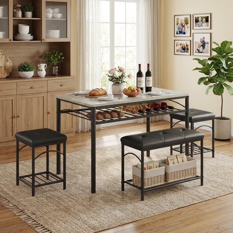 Dining Table Set for 4 with Upholstered Benches and 2 Stools, Modern Space Sa... gallery