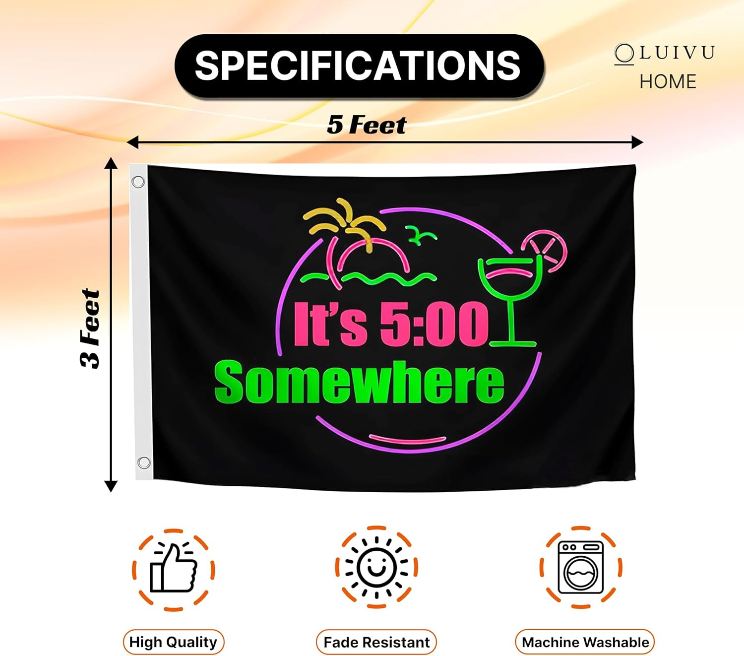 3X5 Ft It'S 5 O'Clock Somewhere Polyester Flag with 2 Grommets - Pub Advertising gallery