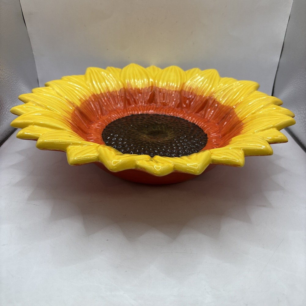 Hand Painted Sunflower Ceramic Serving Bowl painted Yellow Brown Orange 12 Inch
