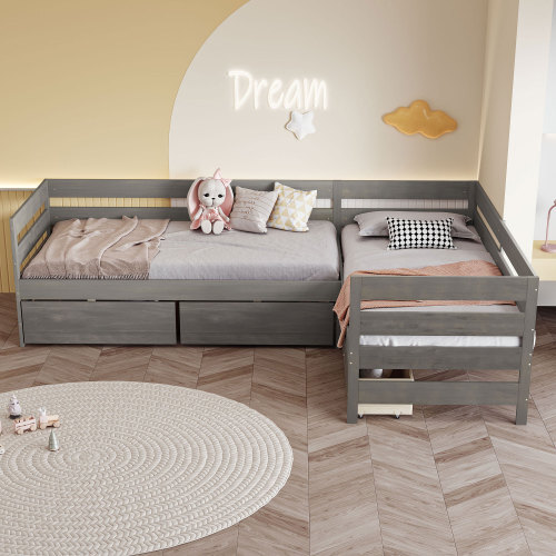 L-shaped Platform Bed Frames with Storage Drawers Solid Wood Twin Bed Corner Bed gallery