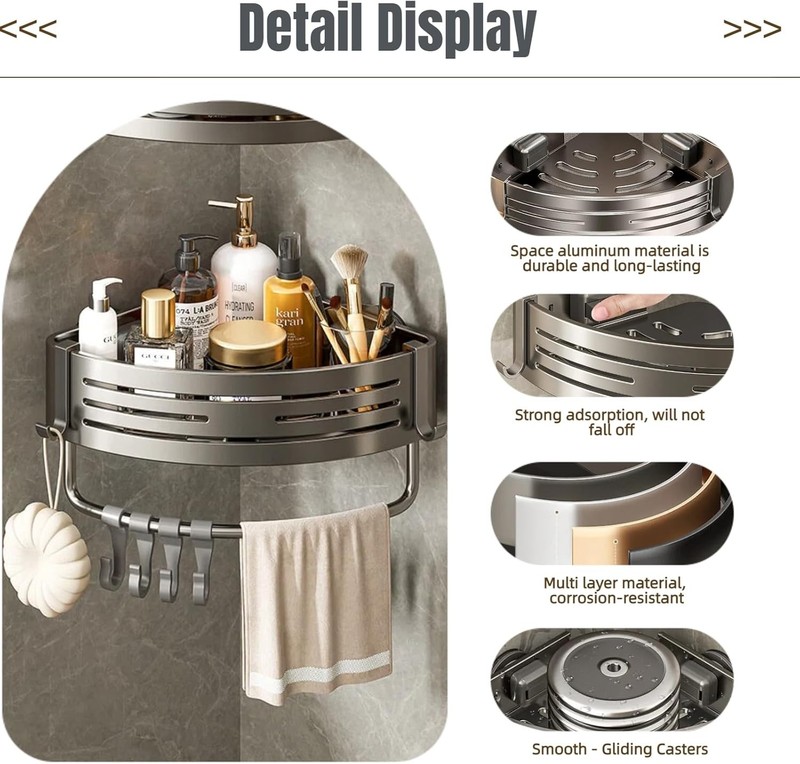2Pcs Corner Shower Shelf Caddy Suction Cup,No Drill Hole with Towel Bar and Hook gallery
