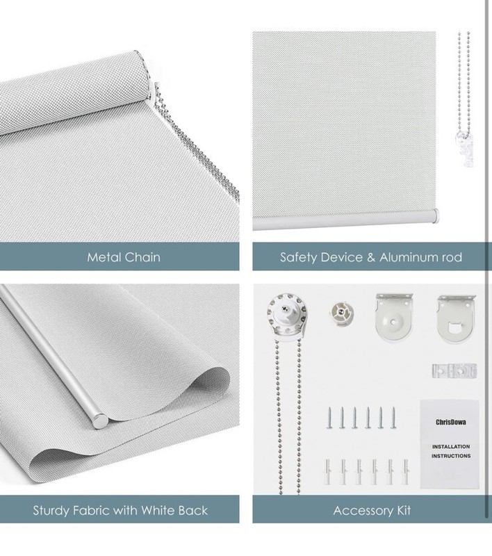 ChrisDowa Light Filtering Roller Shade Window Blind 35" W x 72" H cordless Grey gallery